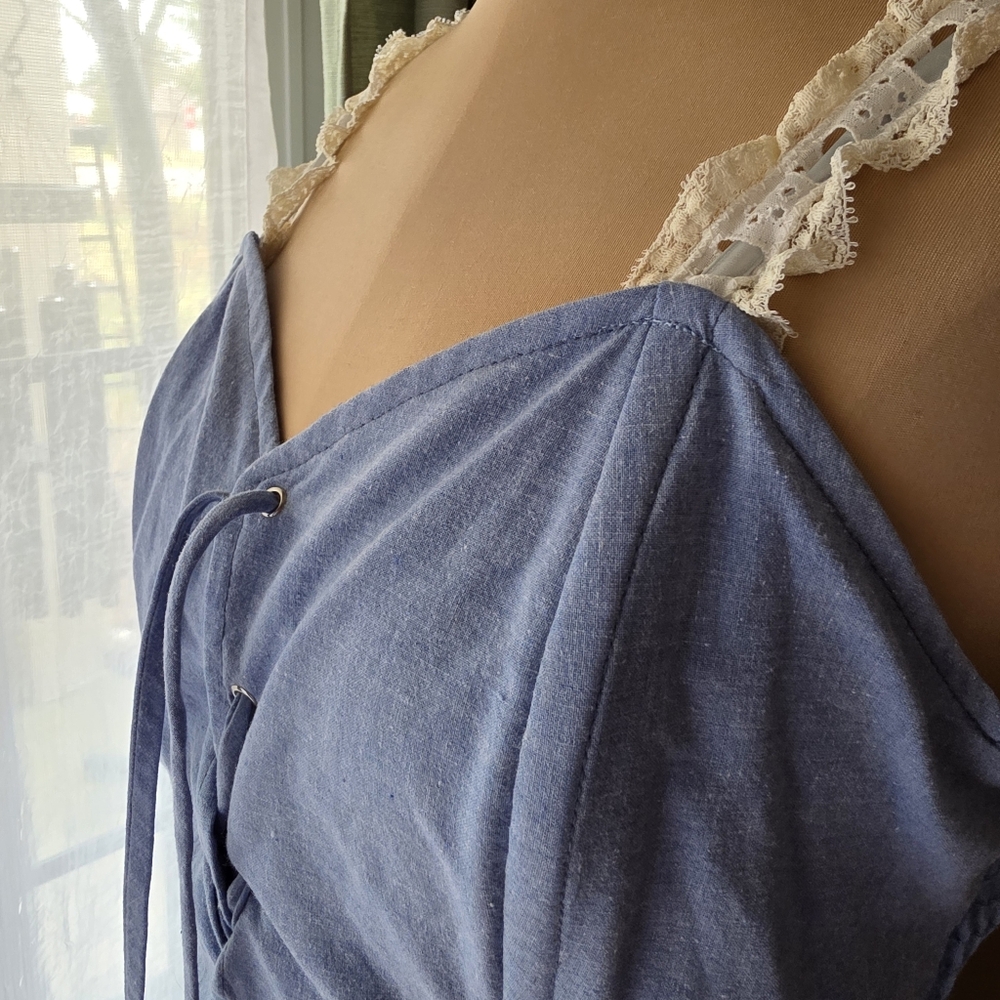 Vintage 70s Frederick's of Hollywood Tiered Denim Dress Medium w Lace Straps - Picture 3 of 9
